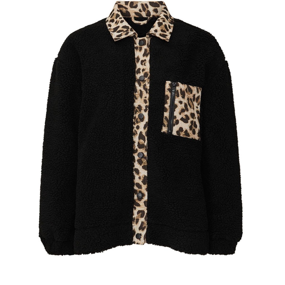 Louna Leopard Trim Faux Black Sherpa Jacket